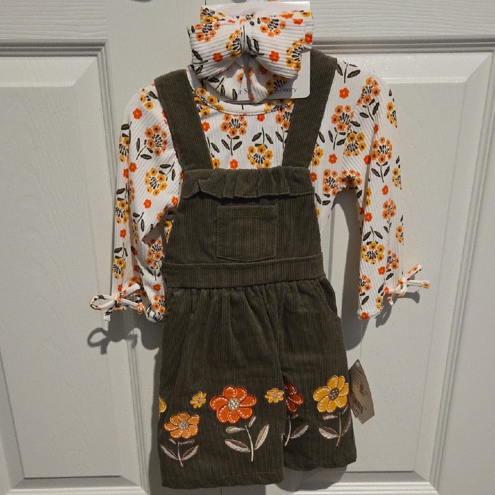 Blueberi Boulevard Olive Corduroy Dress with Floral Accents